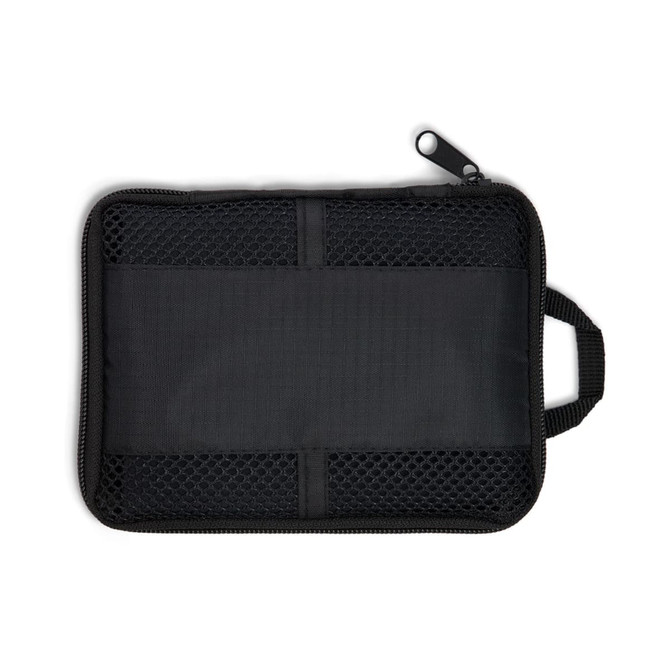 A black mesh and fabric organiser pouch with a zip closure and side handle. It has a simple design.