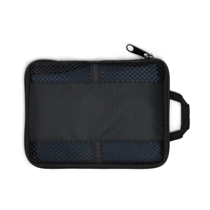 A black zippered bag with mesh detailing, featuring a handle on one side.