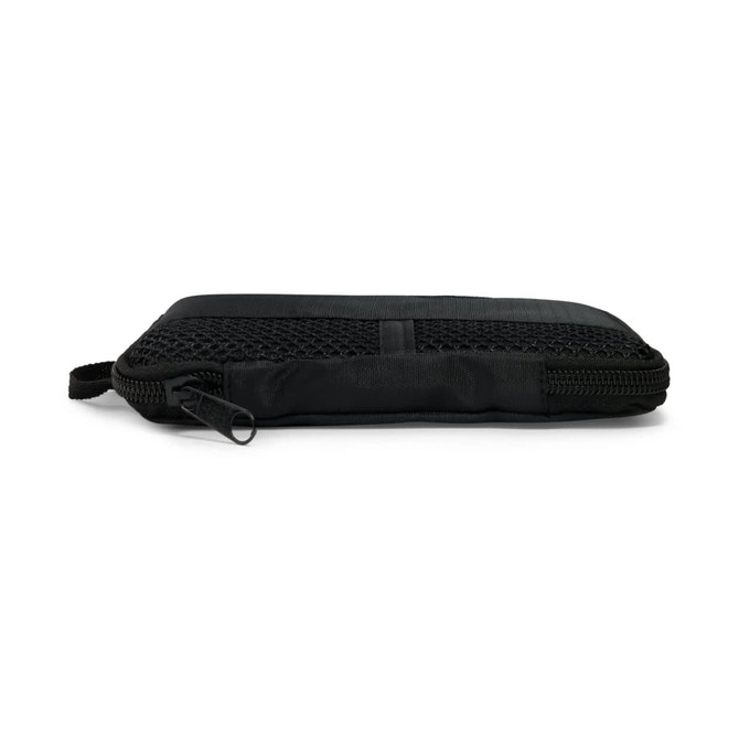 A black sports towel with a textured surface and a zippered compartment, featuring a logo.