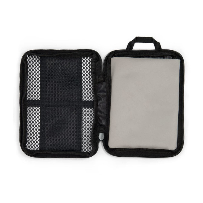 A zipped storage case featuring a mesh pocket and a padded compartment, primarily in black with a light grey interior.