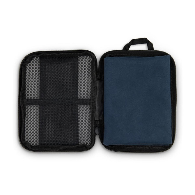 A navy blue sports towel enclosed in a black zippered case with mesh pockets on one side.