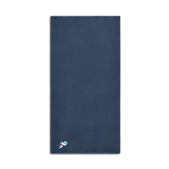 A navy sports towel featuring a small logo in the bottom corner. The towel is soft and absorbent.
