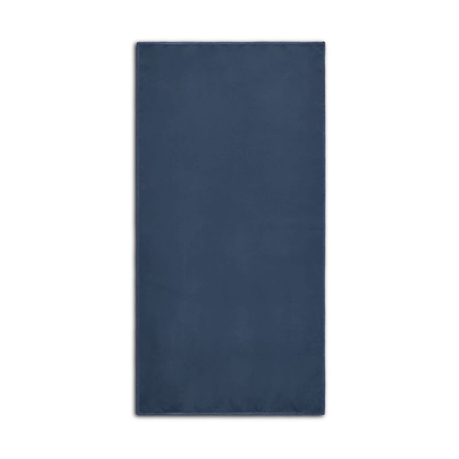A dark blue sports towel features a smooth texture and includes a logo.