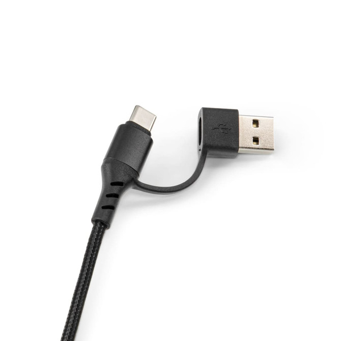 A black USB cable featuring a USB-A connector and a USB-C connector, designed for charging and data transfer.