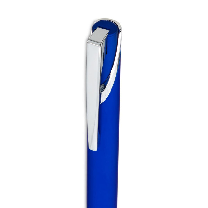 A blue gel ink pen with a sleek silver clip and shiny finish, featuring branding on the barrel.