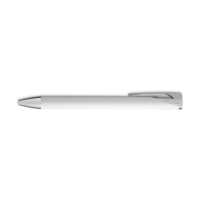 A white gel ink pen with a sleek design and silver accents, featuring a clip and a polished tip.