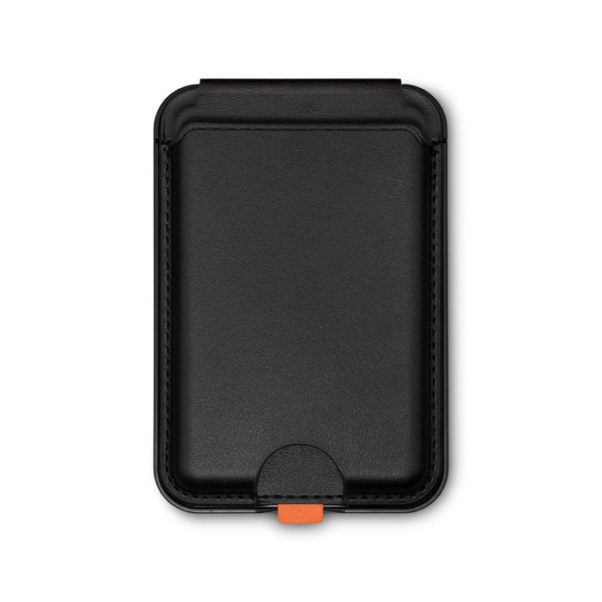 A black phone wallet with a smooth finish and an orange accent at the bottom. It has a simple, sleek design.