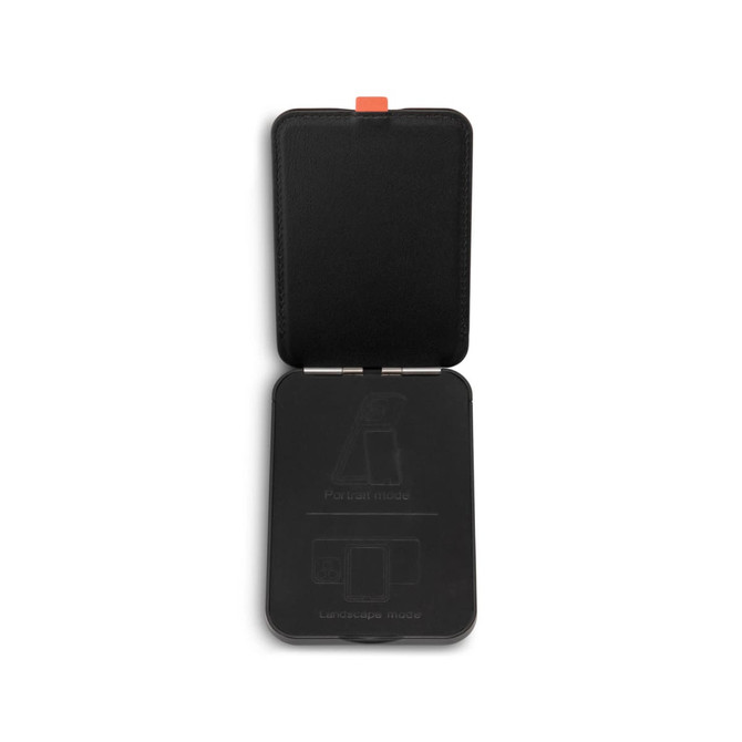A black phone wallet with a hinged design features interior instructions for portrait and landscape modes.