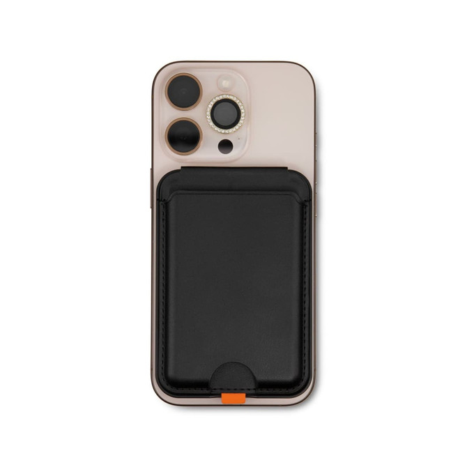 A mobile phone in a pink case with a black wallet attached to the back. The wallet features a logo.