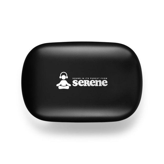 A black earbud case featuring a logo on the top, with a smooth, rounded design.