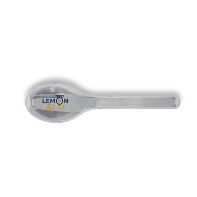 A stainless steel spoon with a colourful logo featuring "Lemon & Lime." The spoon has a sleek design.