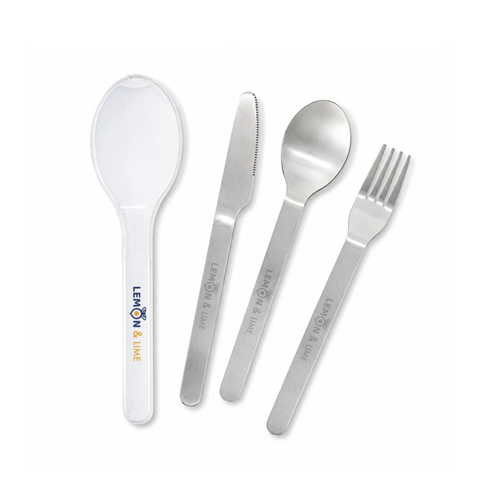 A cutlery set featuring a spoon, knife, fork, and a clear case, all in sleek silver with branding on the spoon.