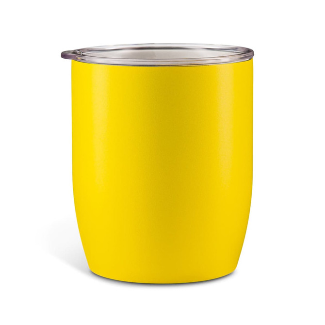 A drink bottle in a bright yellow colour with a clear lid and a smooth finish. It features a branding logo.