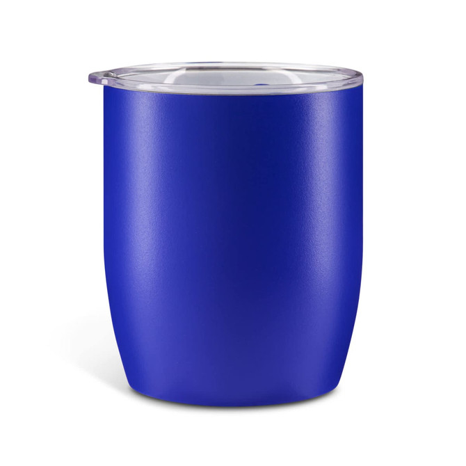 A purple coffee cup with a clear lid and a smooth finish, featuring a branding logo.