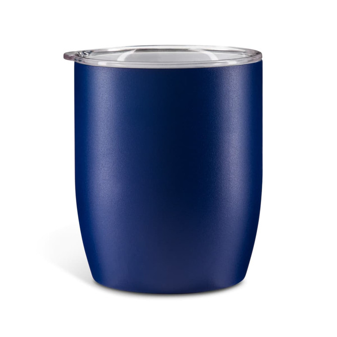 A navy blue insulated coffee cup with a clear lid, featuring a smooth matte finish and a branding logo.