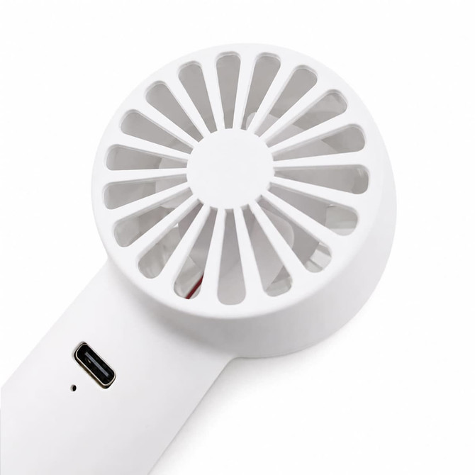 A white rechargeable fan with a circular, slotted design and a USB-C port. It features a compact and portable build.