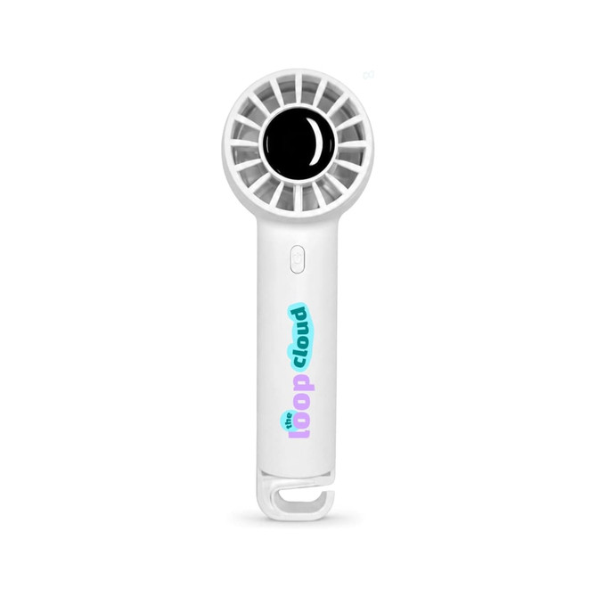 A rechargeable fan in white with a round head and a logo on the handle.