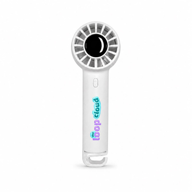 A white portable fan with a round grille design and a logo on the handle.