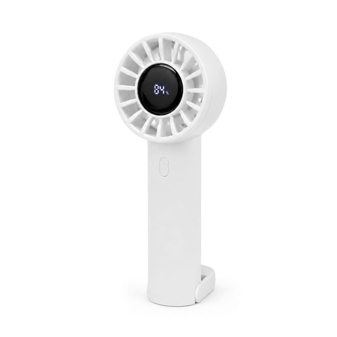 A white rechargeable fan with a circular fan head and a digital display on the handle. It has a logo on the front.