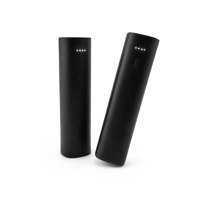 A black power bank with a smooth finish and four indicator lights is featured in the image. It has a branding logo.