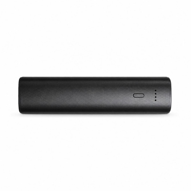 A black 5,000mAh power bank with a simple design and an indicator light. It features a logo.