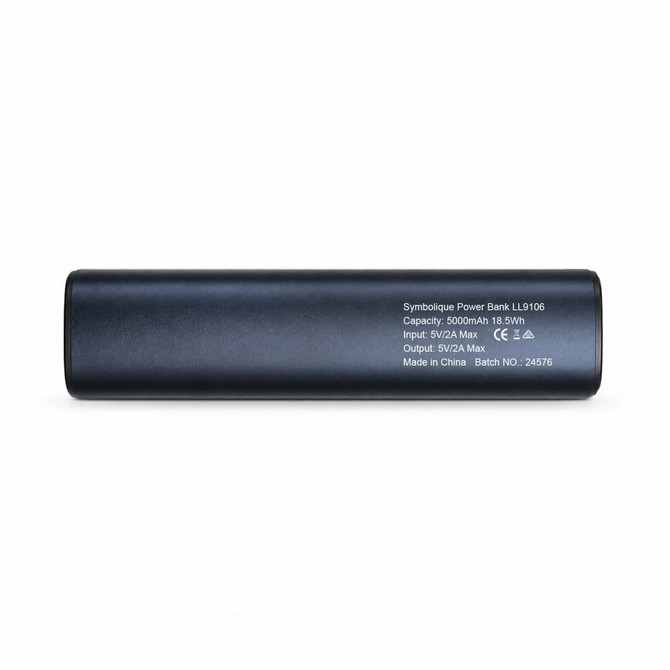 A dark blue 5,000mAh power bank with a sleek design and a branding logo.