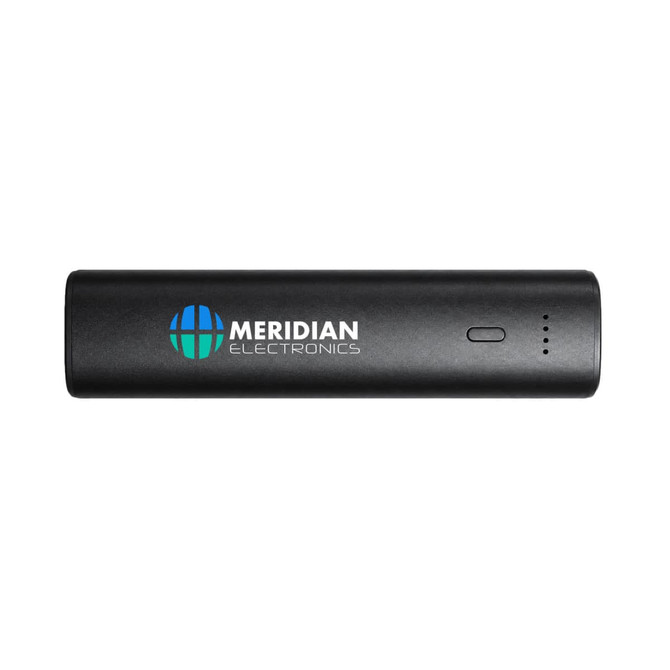 A black power bank with a logo, featuring a slim design and indicator lights.