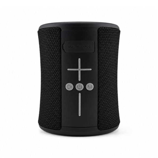 A black speaker with a textured surface, featuring control buttons and a USB Type-C port. It has a branded logo.