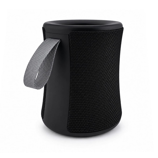 A black speaker with a textured fabric exterior and a grey handle. It has a modern cylindrical design.