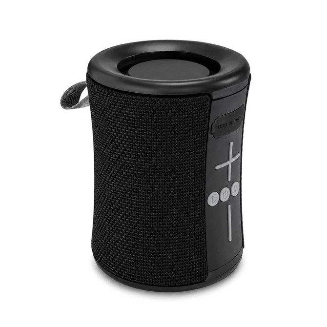 A black cylindrical speaker with a textured exterior and control buttons on the side. It features a carrying handle.