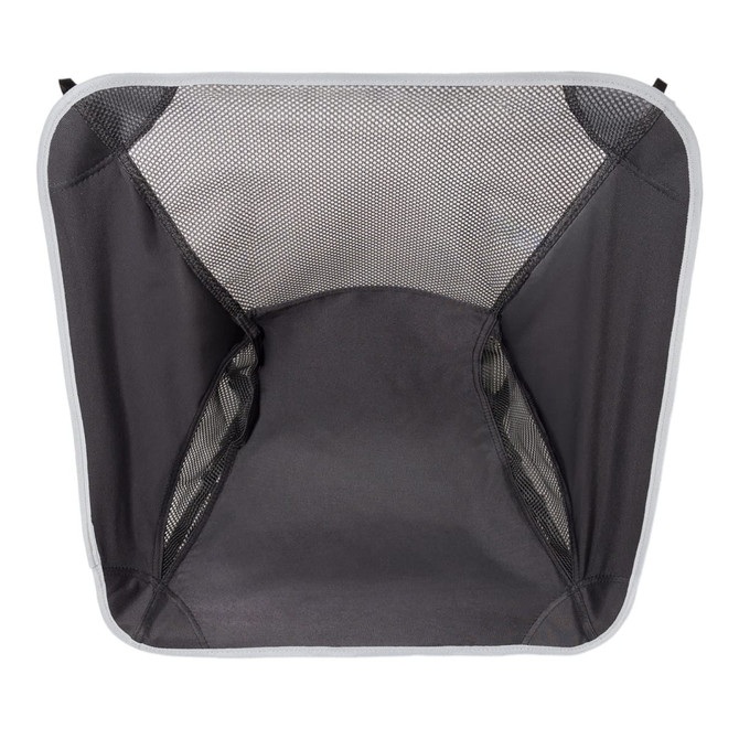 A collapsible black mesh storage basket with a square shape and a grey trim, featuring open sides for ventilation.