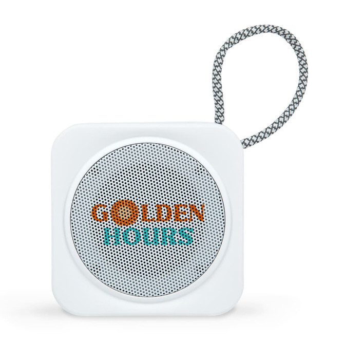 A square white portable speaker with a mesh grille and a looped strap, featuring a logo on the front.