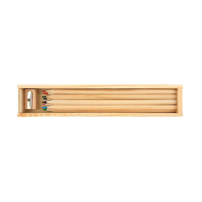 A wooden box containing a set of five coloured pencils in various colors, including green, red, and blue, with a sharpener.