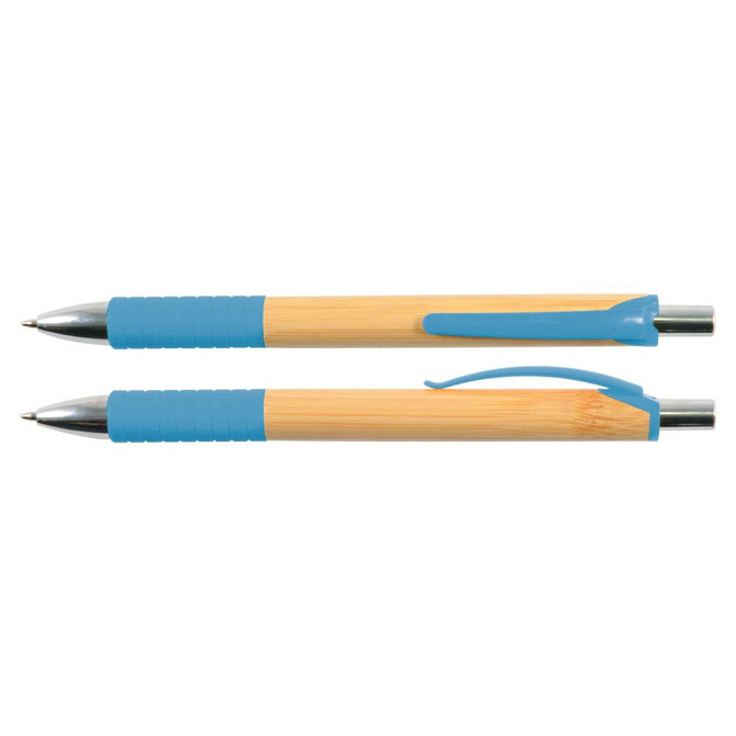 A bamboo pen with a blue grip and clip, featuring a shiny silver tip. Two pens are shown in the image.