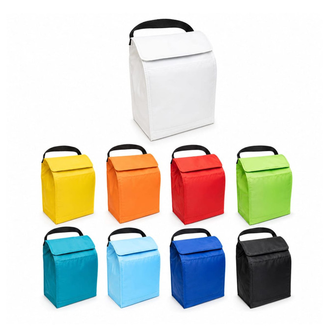A variety of cooler bags in white, orange, red, green, blue, and black, each with a handle and fold-over top.