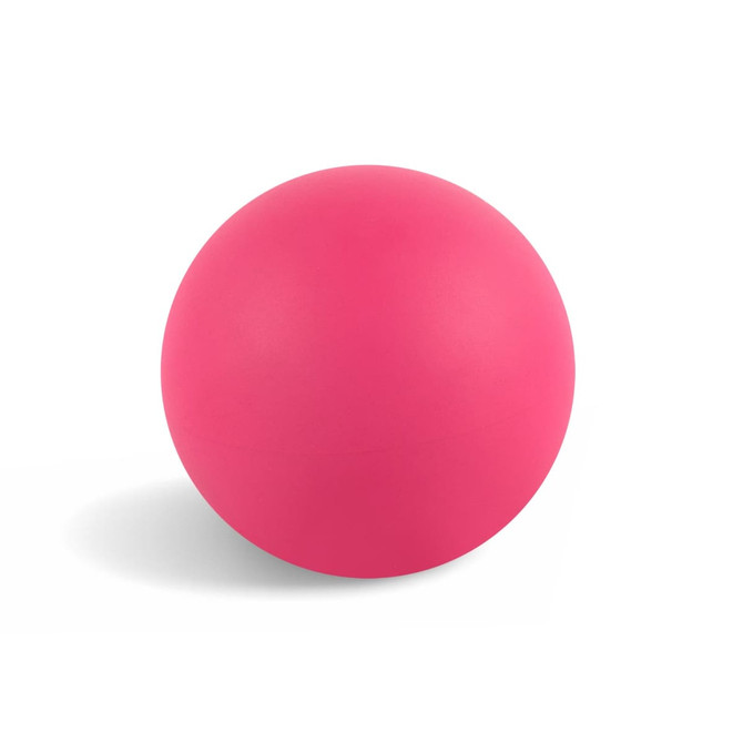 A pink bouncy ball with a smooth surface, featuring a simple design and a slight shadow.