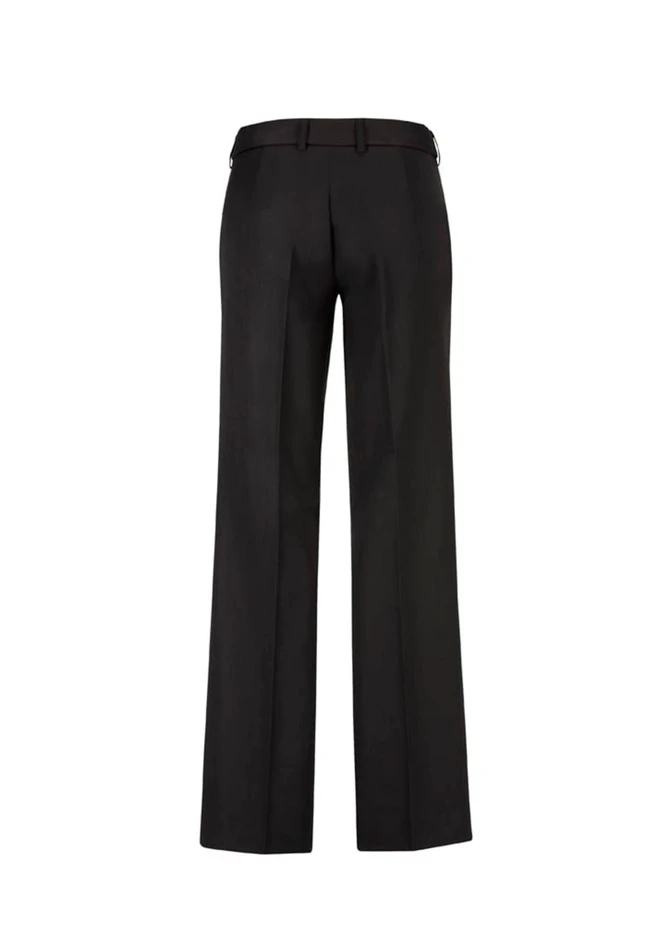 A pair of women's black adjustable waist pants with a straight-leg design and a back view.