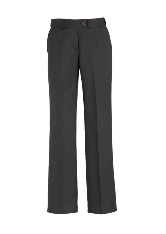 Grey women's adjustable waist slacks with a straight leg style, featuring pockets and a button closure.