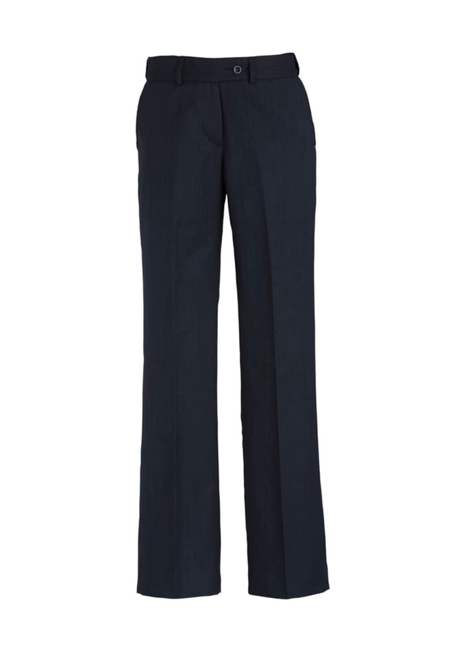 Adjustable waist pants in navy blue with a straight leg design. The item features a brand logo.