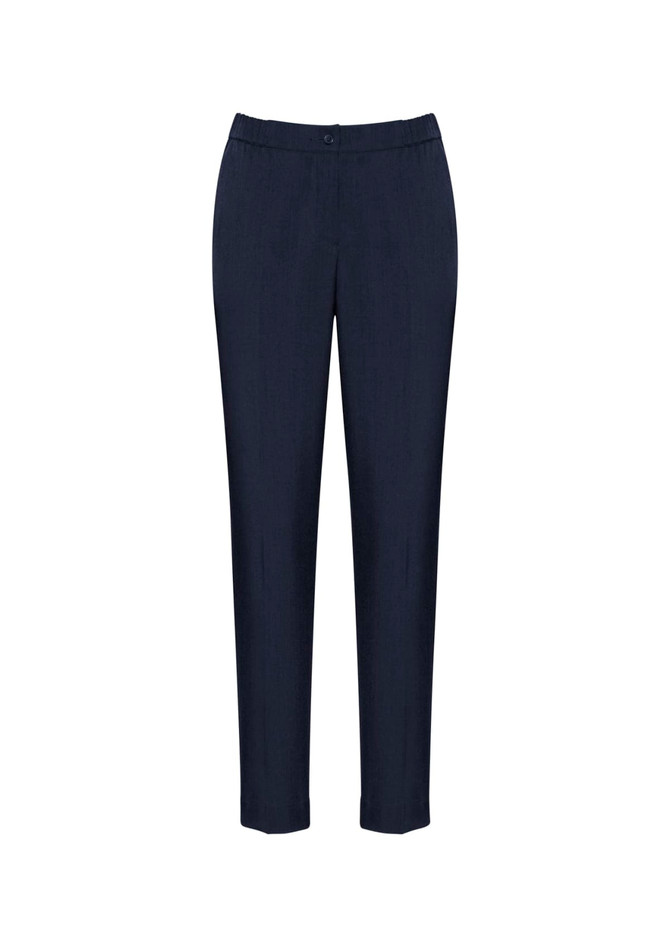 Navy blue women's slacks with a slim fit and ultra comfort waistband, featuring a logo.
