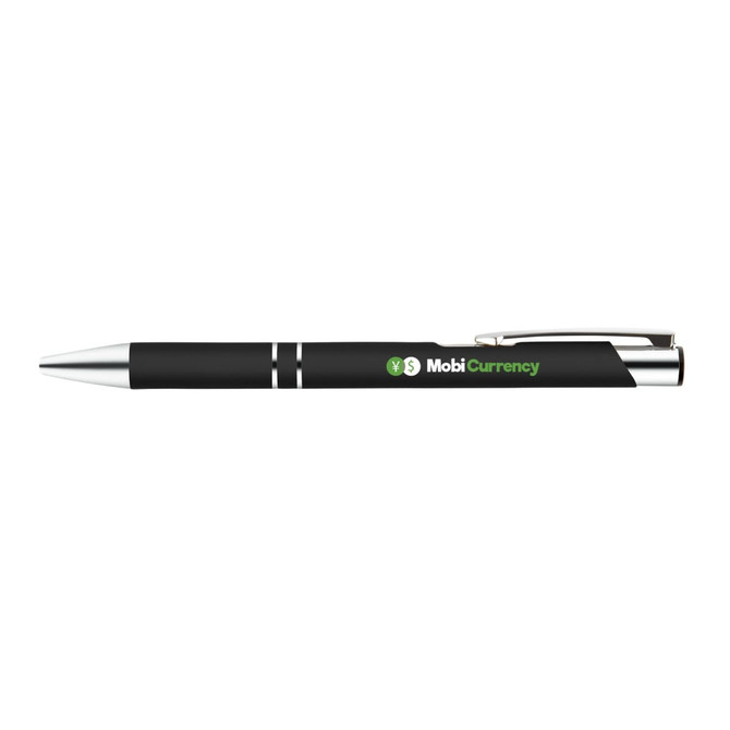 A metal pen in black with silver accents, featuring a logo for MobiCurrency.