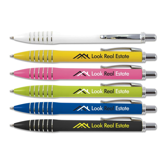 A collection of plastic pens in white, yellow, pink, blue, and black, each featuring a logo.