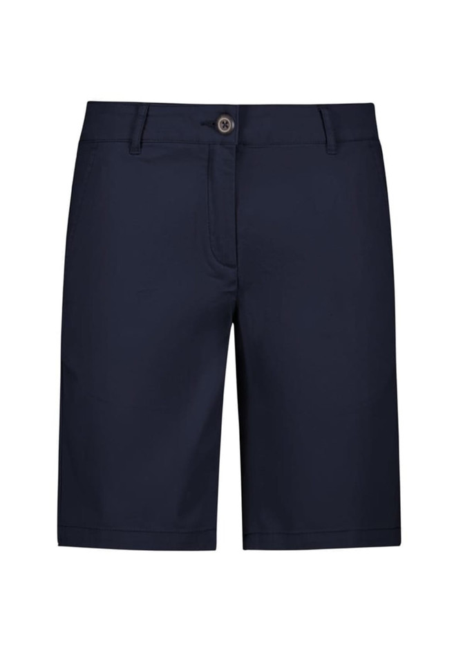 A pair of navy blue women's chino shorts with a front button closure and pockets, featuring a subtle logo.