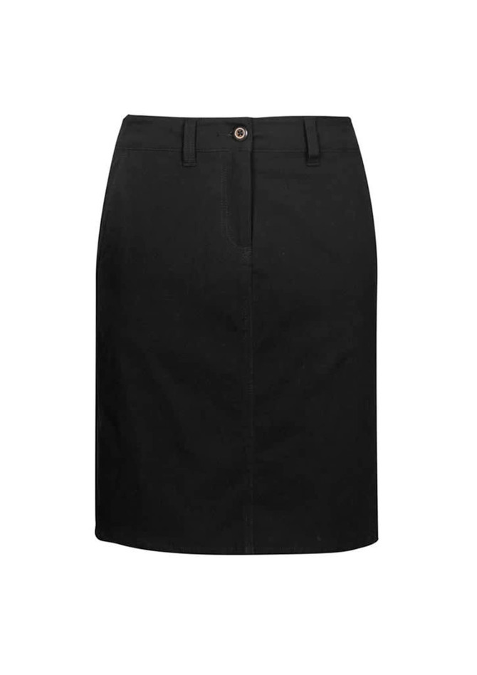 A black women's skirt with a straight cut, featuring a front zipper and waistband with a button. It has a logo on the waistband.