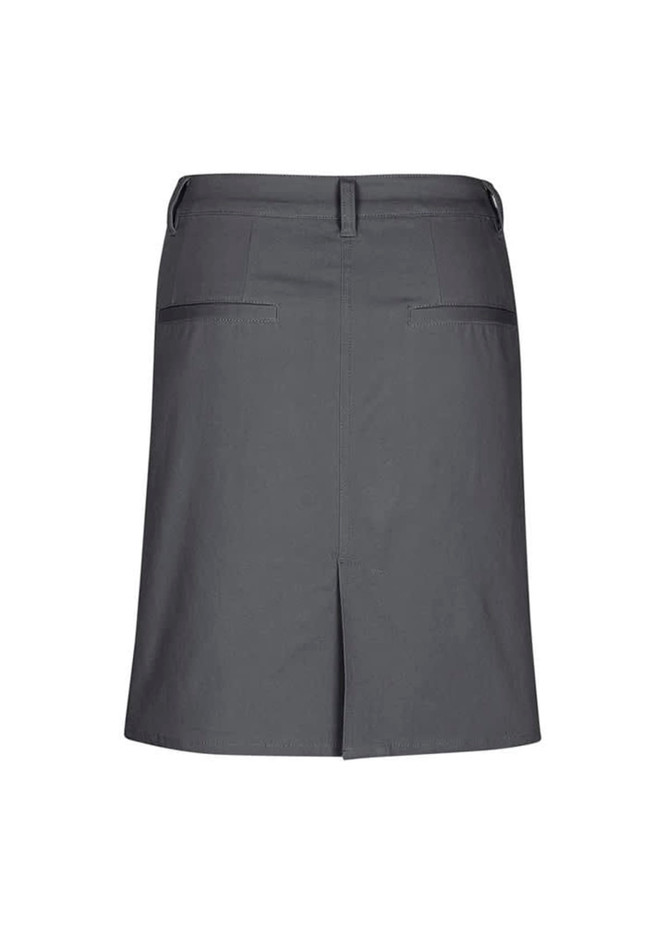 A grey women's skirt featuring a back slit and two back pockets, complete with a brand logo.