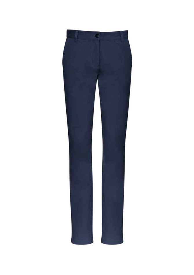 Navy blue women's chino pants with a tapered fit and a front button closure, featuring a logo on the back.