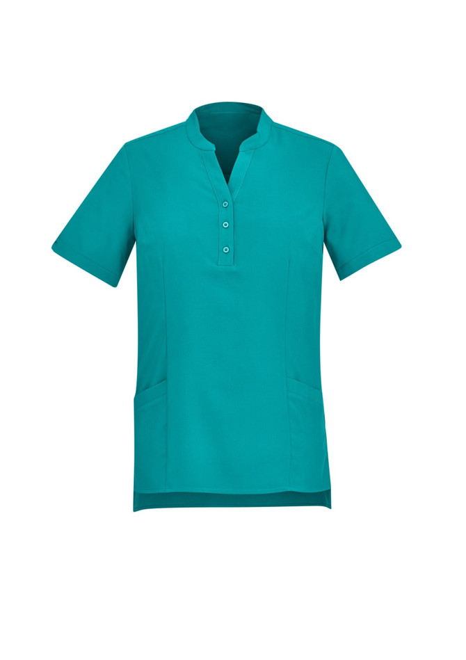 A turquoise women's tunic featuring a short sleeve design, mandarin collar, and front buttons, with side pockets.