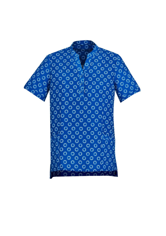 A blue tunic featuring a white daisy print, with short sleeves and a collarless neckline, designed as a women's uniform.