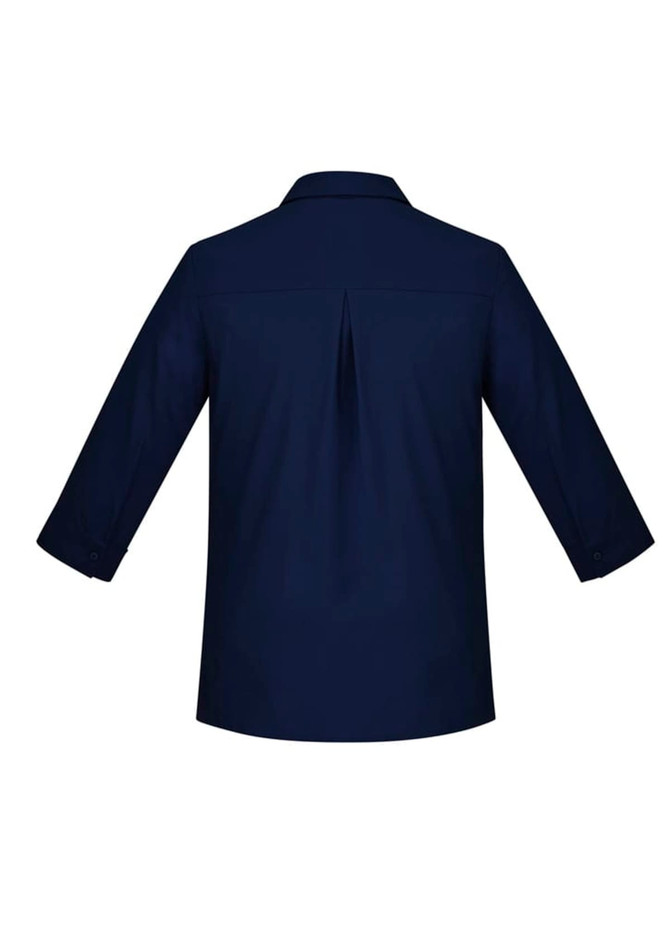 A navy blue women's button-up shirt with 3/4 sleeves and a back pleat, featuring a collar and cuffed sleeves.