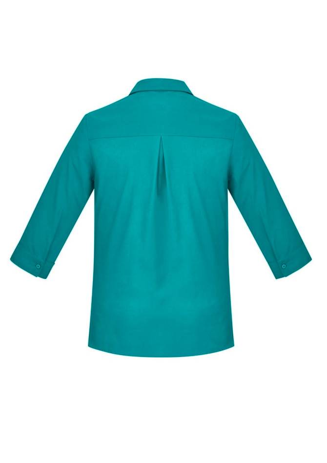 A teal women's button-up shirt featuring 3/4 sleeves and a back pleat detail. The shirt has a collar and button cuffs.